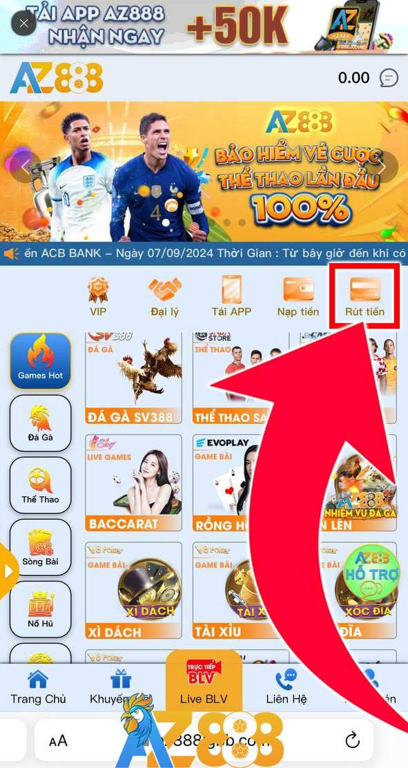Truy cập trang chủ AZ888 và chọn rút tiền Truy cập trang chủ AZ888 và chọn rút tiền
